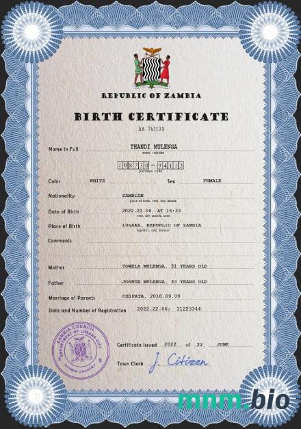 Zambia rekord życiowy narodziny certyfikat PSD szablon